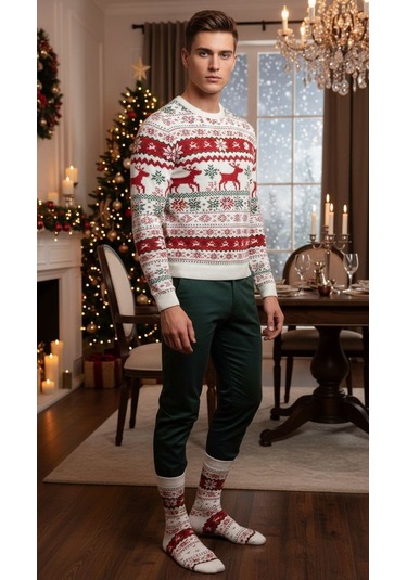 Plus Scorpion Erkek Yılbaşı Soket Çorap Pamuklu, Desenli, Sıcak Tutan Noel Temalı 40-45 Numara Beyaz - Kırmızı