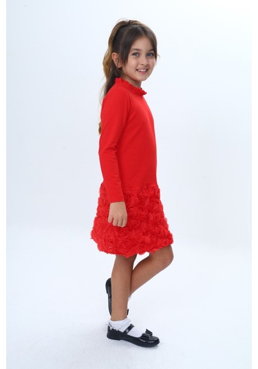 Toontoy Kız Çocuk Yaka Fırfır Etek 3d Güllü Elbise Kırmızı
