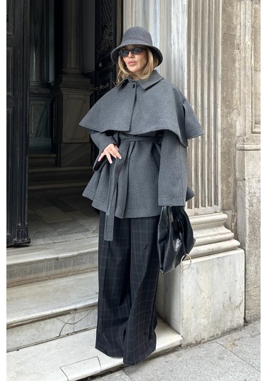 Antrasit Livia Pelerin Detaylı Kaşe Kaban Antrasit