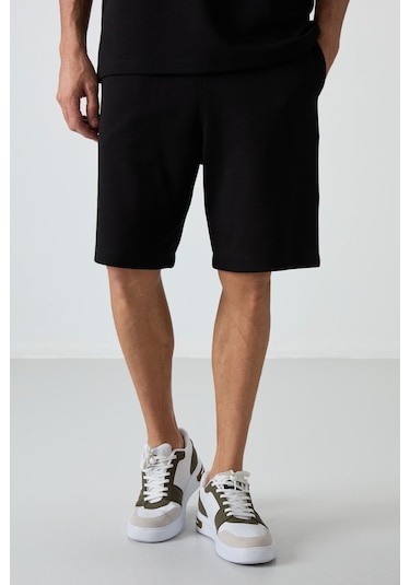 Siyah Pamuklu Kalın Yumuşak Dokulu Oversize Fit Basic Erkek Şort Takım - 85249 Siyah