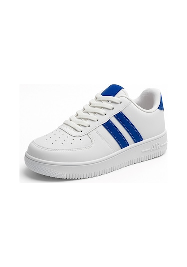 Günlük Unisex Spor Ayakkabı Bağcıklı Dikiş Detaylı Hafif Kalın Yüksek Taban Sneaker 4005 Beyaz - Mavi