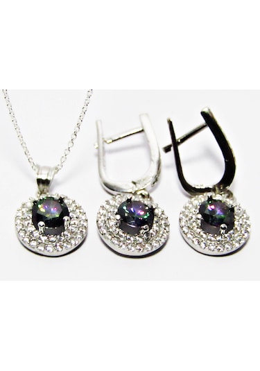 Lilahgümüştr Gümüş Mistik Topaz Taşlı Yuvarlak Kadın Kolye Küpe