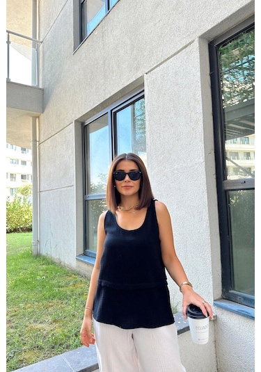 Siyah İthal Müslin Kumaş, Basic, Katlı, Salaş Askılı Bluz & Atlet Siyah