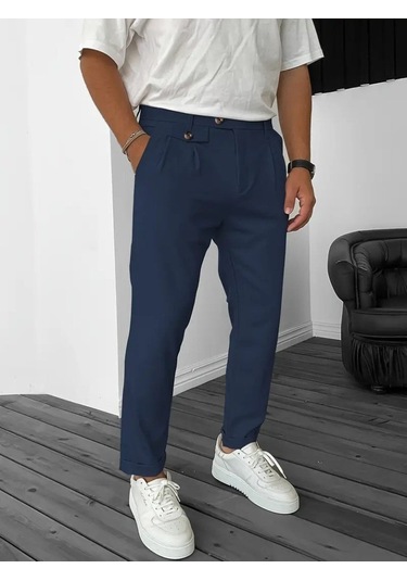 Erkek Belden Düğmeli Cepli Dokuma Pantolon Lacivert
