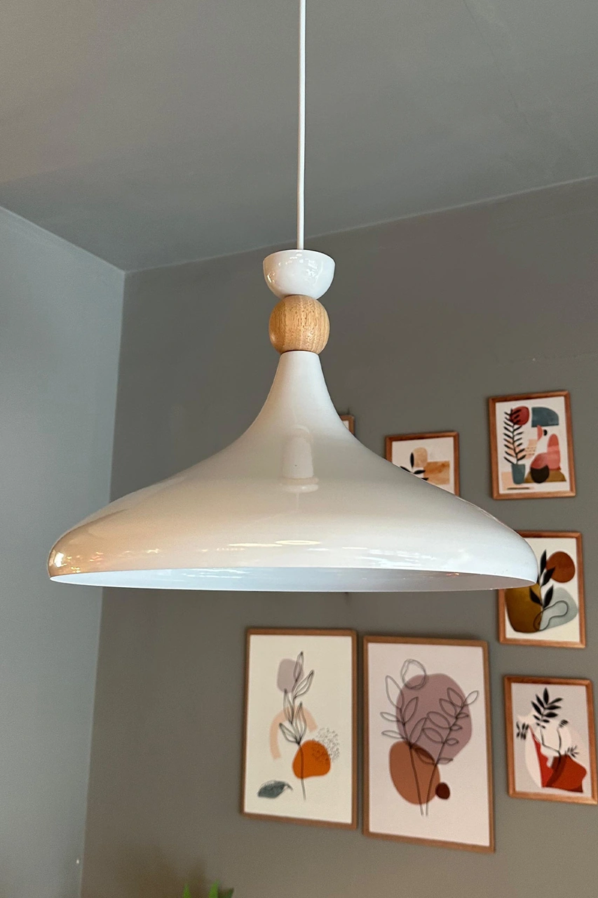 Beyaz İç Beyaz Ahşap Şapka Tekli Avize Sarkıt Salon Mutfak Cafe Butik Lamba Aydınlatma Avizeler Beyaz - Beyaz