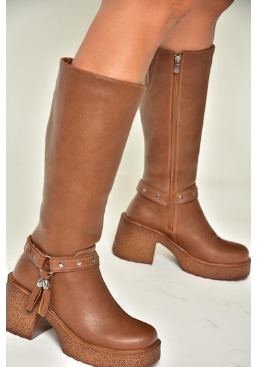 Fox Shoes T996224009 Taba Kalın Topuklu Kadın Çizme Taba