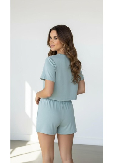 Merlot T-shirt Şort Örme Pijama Takımı Mint