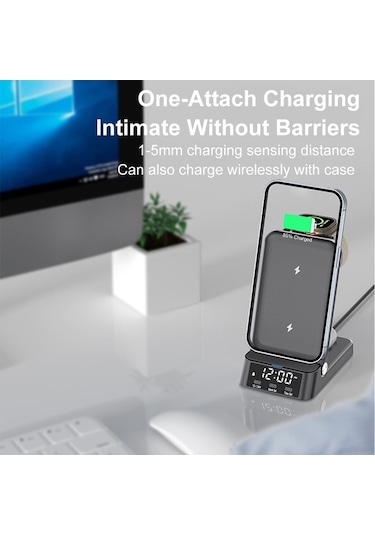 Pazly 15w 4-in-1 Manyetik Kablosuz Şarj İstasyonu, Saatli, Hızlı Şarj, Kullanışlı Tasarım