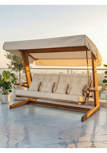 Luna Deluxe 2600 Iroko Beş Kişilik Ahşap Bahçe Salıncağı Krem