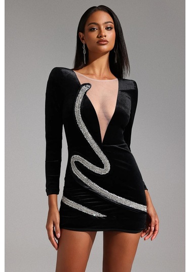 Kadife V Yaka Uzun Kollu Diamond Mini Elbise Siyah