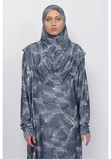 Pratik Tek Parça Ağaç Desenli Kollu Tak Çıkar Başörtülü Likralı Tesettür Namaz Elbisesi 990-0705 Gri Antrasit