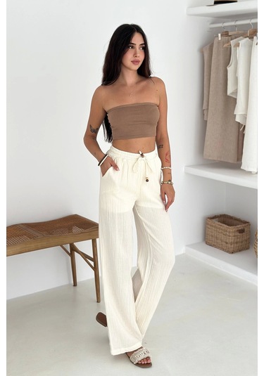 Beli Lastikli Geniş Paça Pantolon Ekru Ekru