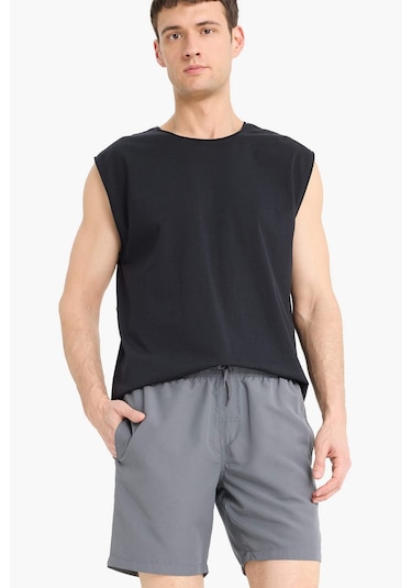 DeFacto Regular Fit Kısa Boy Cepli File Astarlı Beli Bağcıklı Düz Hafif Kumaş Deniz Şortu E5133AXNSGR474