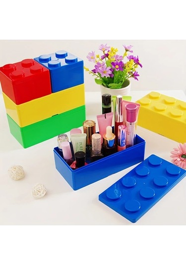 Zhanglei001 Mavi Kare Yaratıcı Lego Kozmetik Organizatörü, Plastik Makyaj Saklama Kutusu, Kompakt Masaküstü Aksesuar Mavi