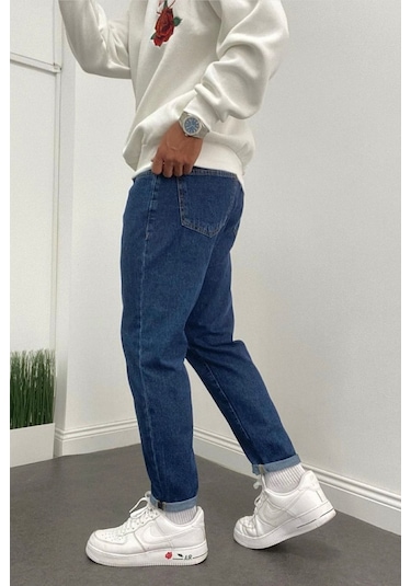 Boyfriend Düz Mavi Rahat Kalıp Kot Erkek Pantolon Mavi