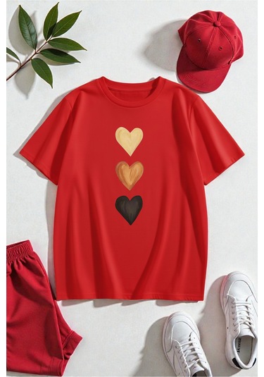 Uyguntarz Unisex Üç Kalpli Tasarım Basklı Tshirt Kırmızı