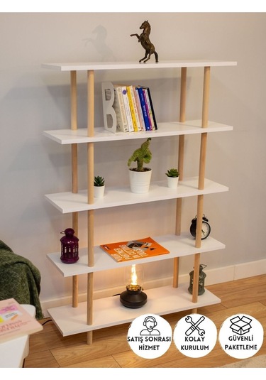 5 Raflı Modern Dekoratif Kitaplık Klasörlük Mutfak Rafı Kiler Çok Amaçlı Raf - Beyaz