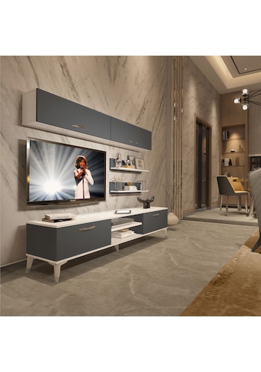 Decoraktiv Eko 5 Mdf Dvd Silver Tv Ünitesi Tv Sehpası Beyaz - Antrasit