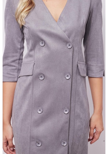 Kadın Kadife Likralı Yumuşak Dokulu Kruvaze Kapri Truvakar Kol Kolu Yırtmaçlı Ofis Ceket Elbise-gri Gri