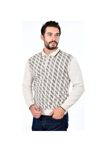 Kamalı Erkek Çelik Örgü Gömlek Yaka Fermuarlı Polo Yakalı Çizgili Desen Tüylenmeyen Triko Kışlık Baba Kazak Taş