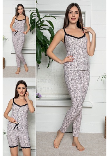 Kadın Ekru Renkli Dantel Detaylı Şortlu Ve Taytlı Pijama Takımı 3'lü Set 75030 Ekru