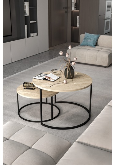 Orta Sehpa Bade İkili Lüx Yan Sehpa Masa Traverten Bej