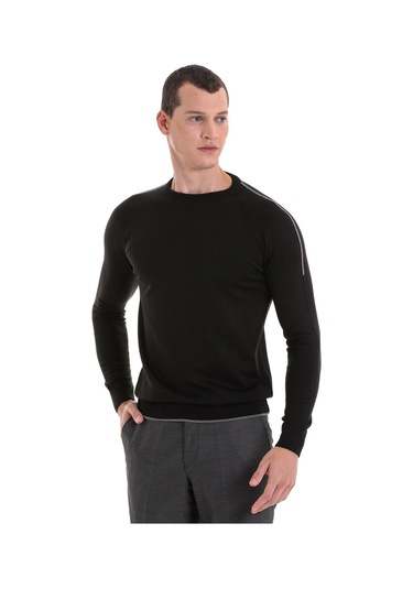 Hatemoğlu Siyah Regular Fit Jakarlı Bisiklet Yaka Yünlü Triko Kazak Siyah