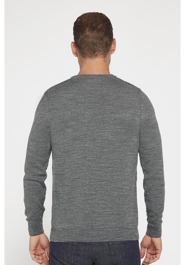 Slim Fit Bisiklet Yaka Kendinden Desenli Gri Erkek Triko Kazak-29577-gri Gri