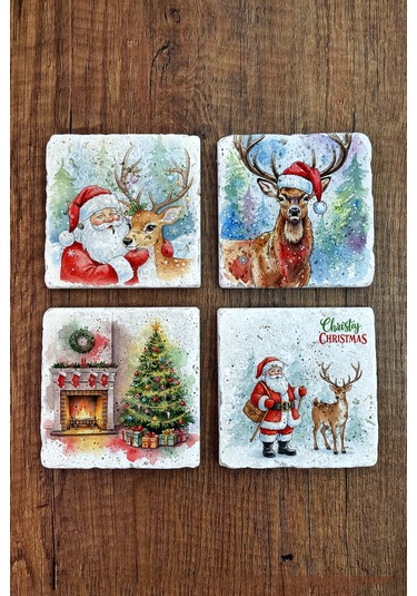 Doğal Taş Bardak Altlığı - Mery Christmast Baskılı 10x10cm Yeni Yıl Stone Coasters 493 Çok Renkli