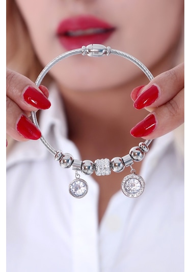 Kadın Gümüş Renk Taşlı Çelik Bileklik Altın Kaplama