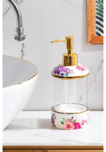 Porsima 3127 Gold Kapaklı Porselen Ve Cam Sıvı Sabunluk Çiçek Desenli Ve Şeffaf Tasarım 350 Ml Gold