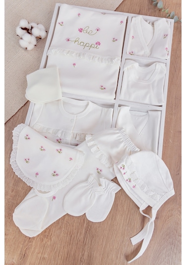 Çiçek İşlemeli Güpürlü Pamuklu 10 Parça Kız Bebek Hastane Çıkışı Bebek Takımı Beyaz