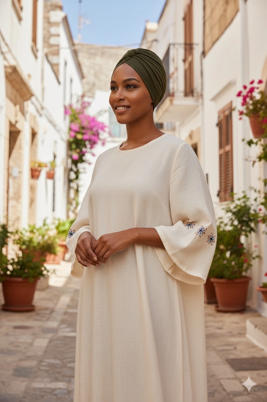 Pamuklu Bantlı Çapraz Astarlı Haki Hazır Türban Tesettür Havuz Bonesi Haki