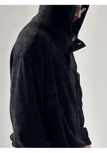 Kadife Dokulu Siyah Oversize Kapüşonlu Erkek Sweatshirt Coc1038 Siyah