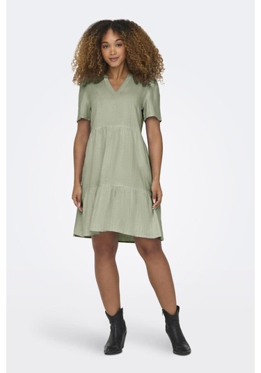 Only Kadın V Yaka Kısa Kollu Keten Elbise Cok Renklı