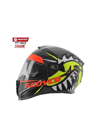 Scoyco FF-869 Shark Güneş Vizörlü Kapalı Kask Kırmızı - Neon Sarı - Siyah