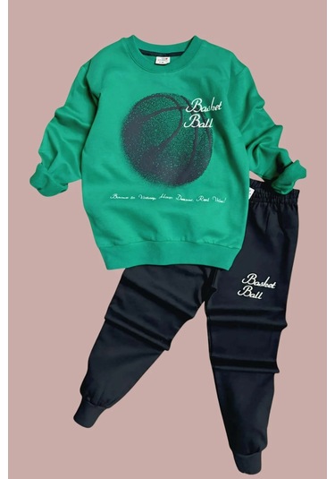 Basketball Yazı Desenli Yeşil Renk Erkek Çocuk Eşofman Takımı Yeşil