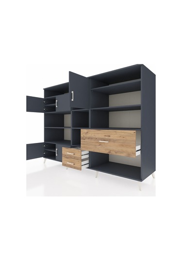 Kronos Dolap 13 Raflı 3 Çekmeceli 5 Kapaklı 220x59x163 Antrasit-a Antrasit-antrasit/çam