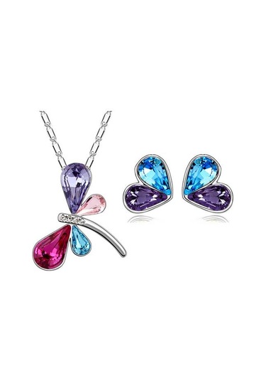 Kristal Taşlı Renkli Yusufçuk Kolye Küpe  Seti Çok Renkli