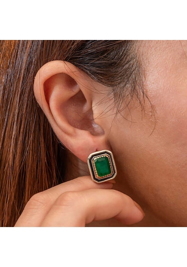 Gümüş Yeşil Taşlı Otantik Kadın Küpe Gümüş