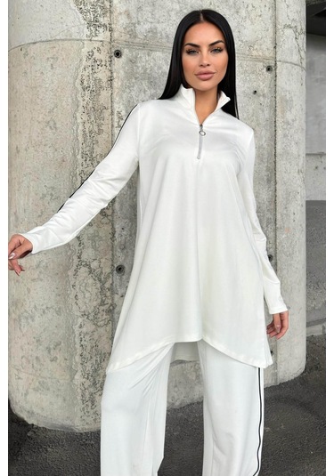 Ekru Asimetrik Kesim, Fermuarlı Bluz & Bol Paça Pantolon - Viskon İki İplik Kumaş Alt & Üst Takım Ekru