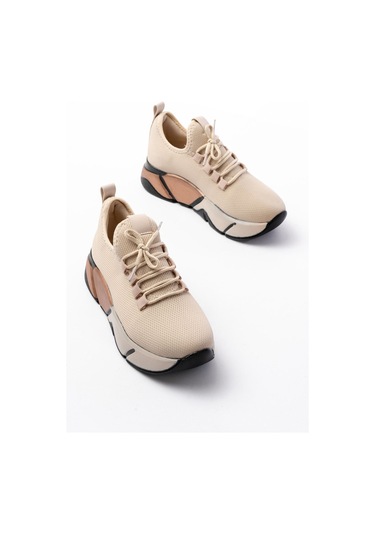 Rs-400 Bej Bağcıklı Fileli Renkli Taban Günlük Kadın Spor Beyaz