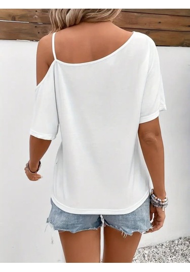 Kadın Tek Omuzu Açık Ip Askılı Baskılı Viskon Bluz Beyaz