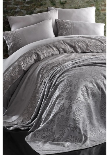 Nazik 7 Parça Pikeli Nevresim Takımı Gelin Seti Valeria Gri Diğer