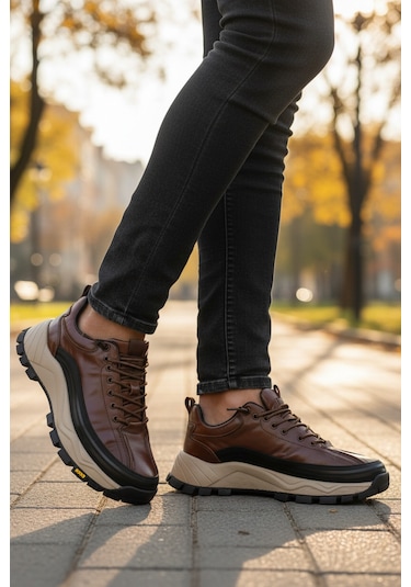 Kahve Hakiki Deri Bağcıklı Erkek Sneaker 25k570 M Kahve