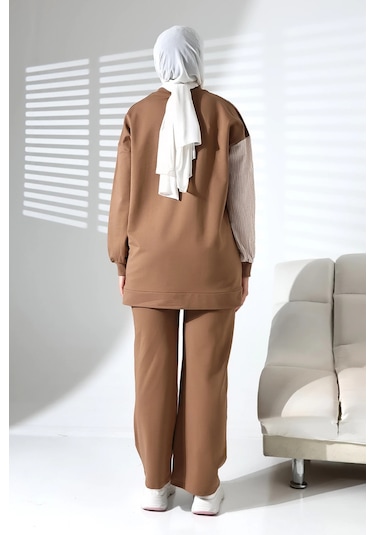 Kadın Mevsimlik Alt Üst Rahat Kahverengi Spor Ikili Tunik Pantolon Şık Tesettür Takım Kahverengi