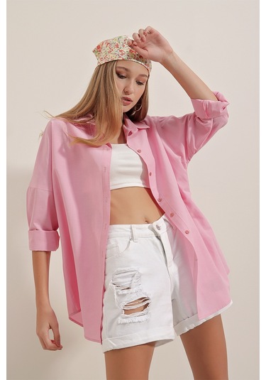 Bigdart 3900 Oversize Uzun Basic Gömlek - Pembe 001