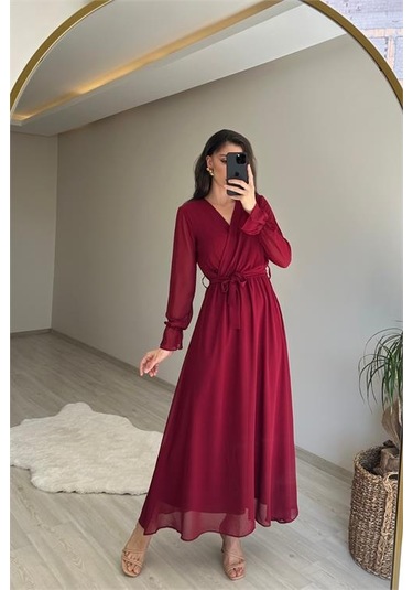 Neşeli Butik Kadın Uzun Kollu Kuşaklı Maxi Şifon Elbise Nm001 Bordo