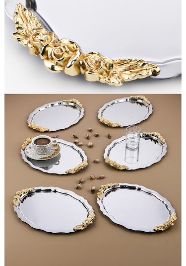 6 Adet Oval Model Gül Motifli Kahve-çay Sunum Tepsisi 25x20 Cm