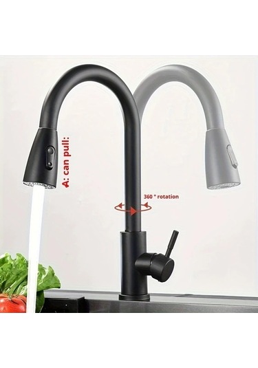 Trendooze Modern Siyah 360 Derece Döner Başlıklı Çekmeli Paslanmaz Çelik Parmak İzi Geçirmez Musluk